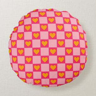 Pink Red Yellow Heart Love Chequered Y2K Pattern Round Cushion