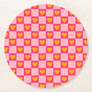 Pink Red Yellow Heart Love Chequered Y2K Pattern Round Paper Coaster