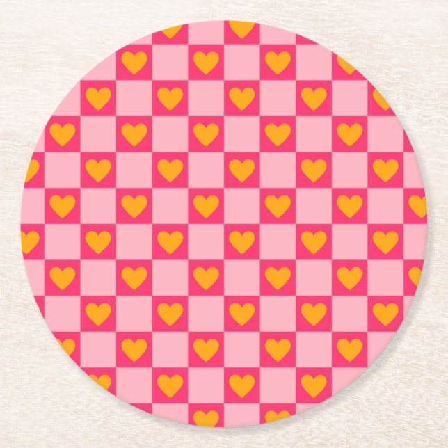 Pink Red Yellow Heart Love Chequered Y2K Pattern Round Paper Coaster (Front)