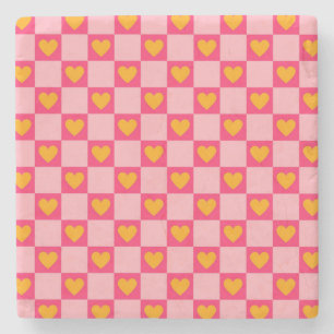 Pink Red Yellow Heart Love Chequered Y2K Pattern Stone Coaster