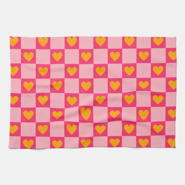 Pink Red Yellow Heart Love Chequered Y2K Pattern Tea Towel (Horizontal)