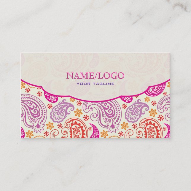 Pink Red & Yellow Paisley Pattern Design Business Card (Front)