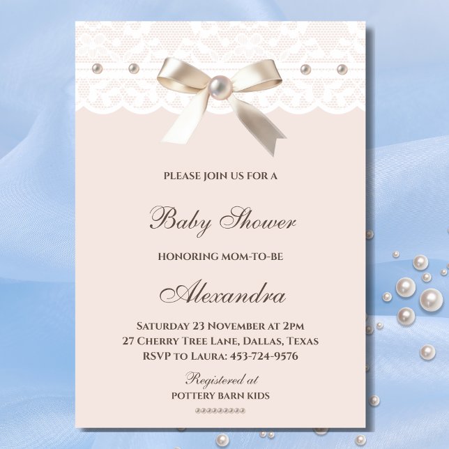 Pink Regency Bow Pearl White Lace Baby Shower   Invitation (Creator Uploaded)