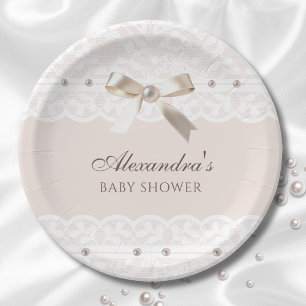 Pink Regency Pearl Satin Bow Lace Baby Shower Paper Plate