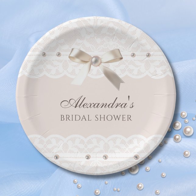 Pink Regency Satin Bow Lace Bridal Shower Paper Plate (Creator Uploaded)