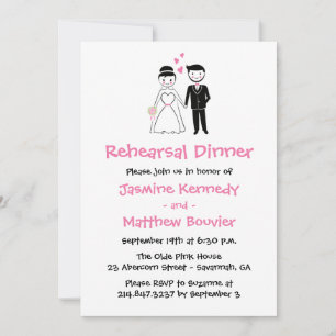 Pink Rehearsal Dinner Wedding Bride Groom Cartoon Invitation