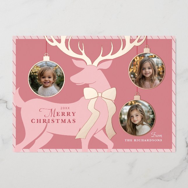 Pink Reindeer 3 Photos Rose Gold Foil Holiday Card (Front)