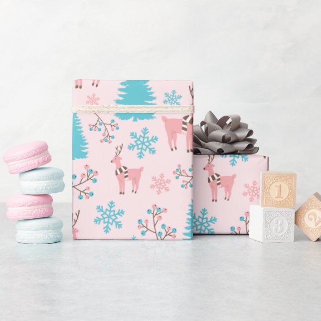 Pink Reindeer Blue Pine Tree & Berry Branch  Wrapping Paper (Baby Shower)