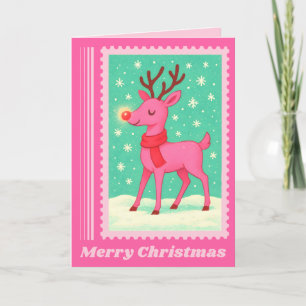 Pink Reindeer Christmas Postage Stamp Holiday Card