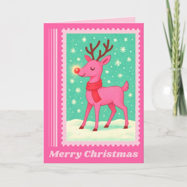 Pink Reindeer Christmas Postage Stamp Holiday Card (Front)