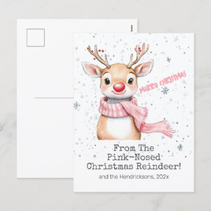 Pink Reindeer Christmas Postcard