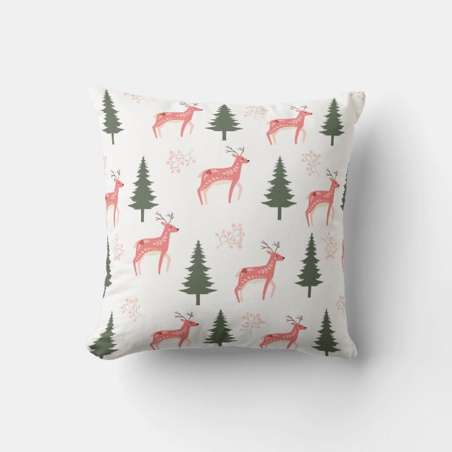 Pink Reindeer Christmas Throw Pillow (Front)