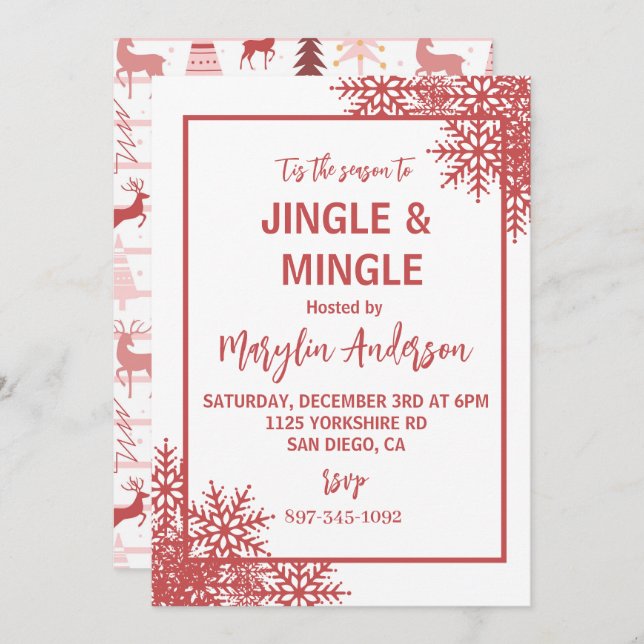 PINK REINDEER & CHRISTMAS TREES CUSTOM MONOGRAM  INVITATION (Front/Back)