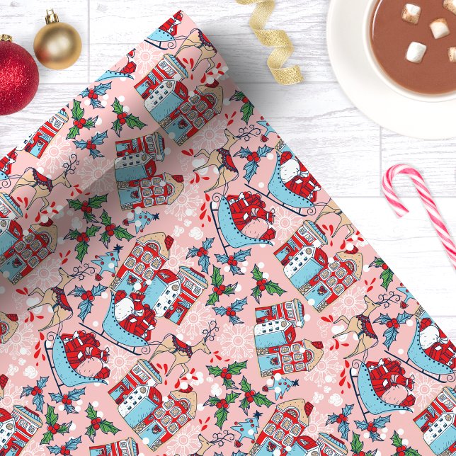 Pink Reindeer Christmas Village Wrapping Paper (Creator Uploaded)