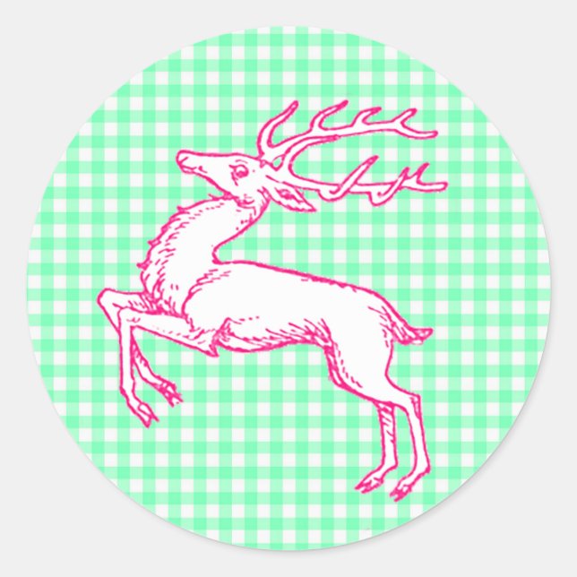Pink Reindeer Green Gingham Classic Round Sticker (Front)