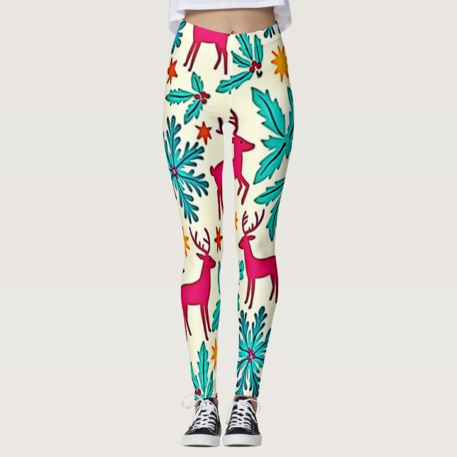 Pink Reindeer Teal Tree Pattern Design Leggings (Front)