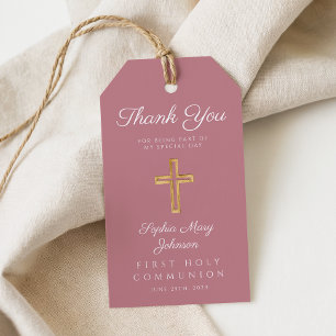 Pink Religious Cross Girl First Communion Gift Tags
