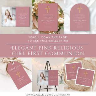 Pink Religious Cross Girl First Communion Gift Tags