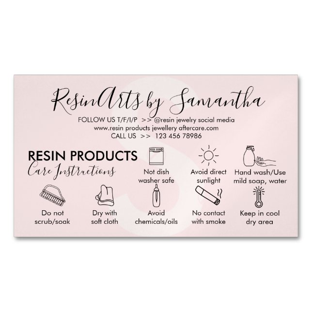 Pink Resin Products Care Instructions Magnetic Business Card (Front)