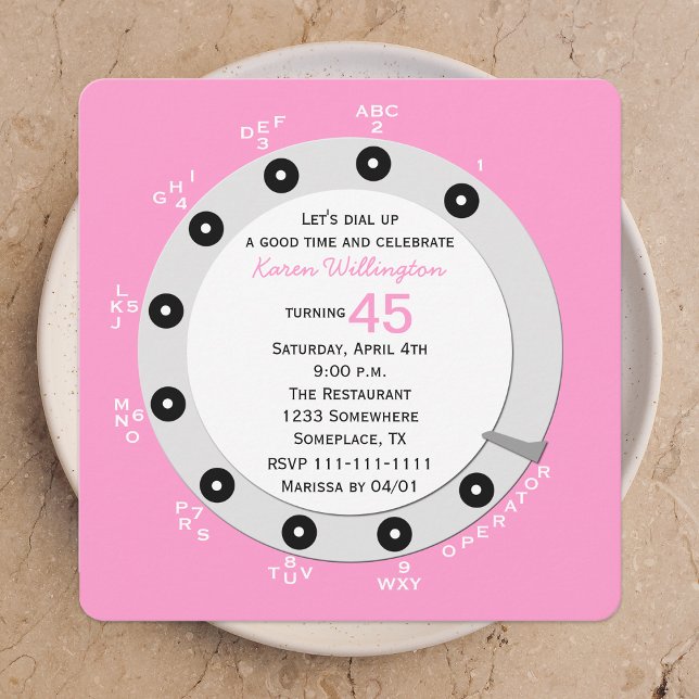 Pink Retro 45th Birthday Party Invitation Rotary (Creator Uploaded)