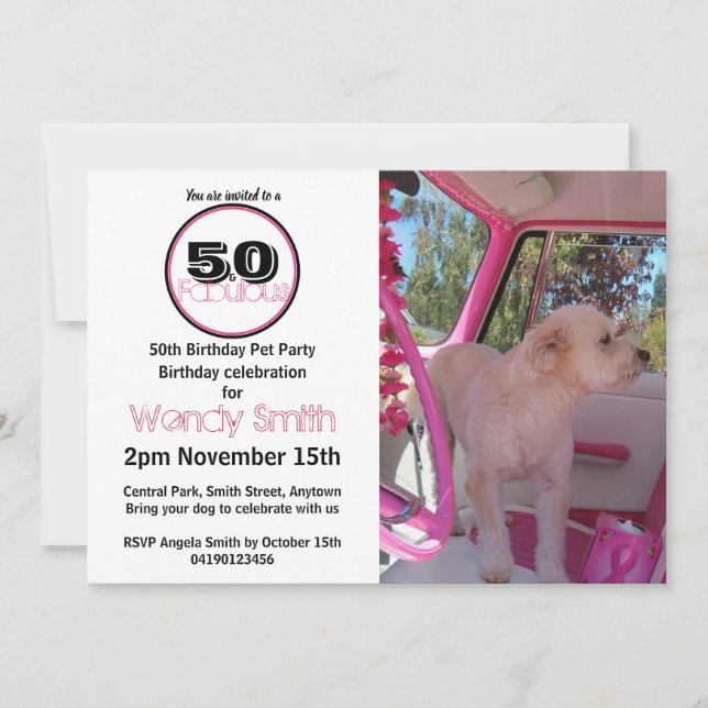 Pink Retro 50 & Fabulous Pet Party Birthday Invitation (Front)