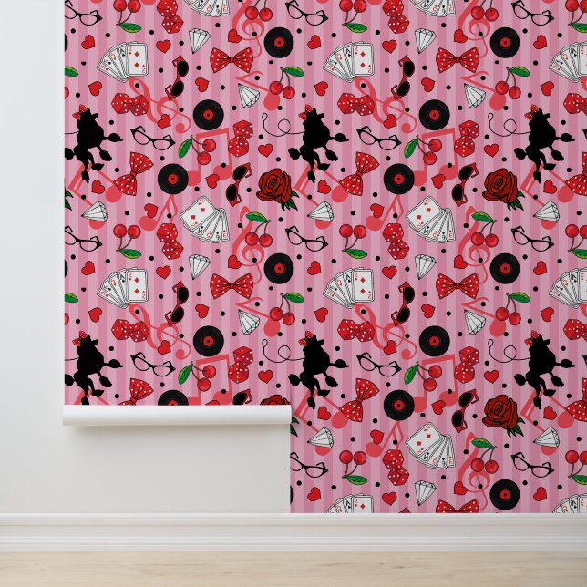 Pink Retro 50s Rockabilly Patterned Wallpaper (Application)