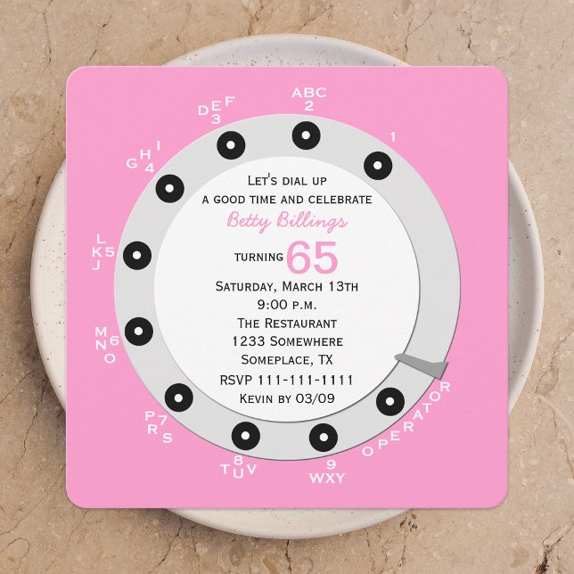 Pink Retro 65th Birthday Party Invitation Rotary (Creator Uploaded)