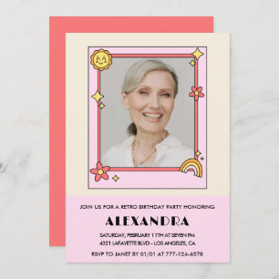 Pink Retro 70s Groovy Photo 76th birthday Invitation