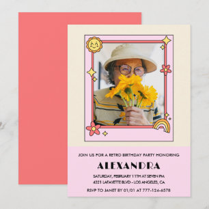 Pink Retro 70s Groovy Photo 97th birthday Invitation