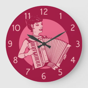 Pink Retro Accordion Lady Large Clock