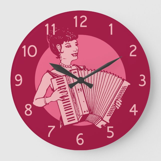 Pink Retro Accordion Lady Large Clock (Front)