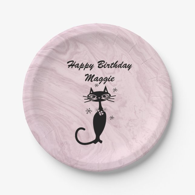 Pink Retro Atomic Cat Personalised Paper Plate (Front)