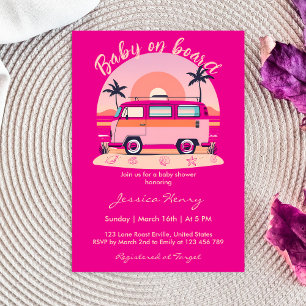 Pink Retro Baby on Board Vintage Van Baby Shower Invitation