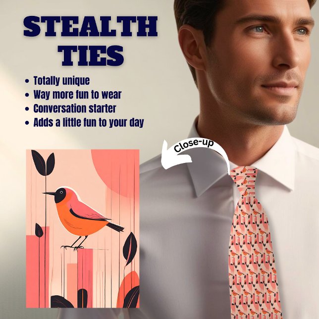 Pink Retro Bird Lover's Stealth Men's Tie (Creator Uploaded)