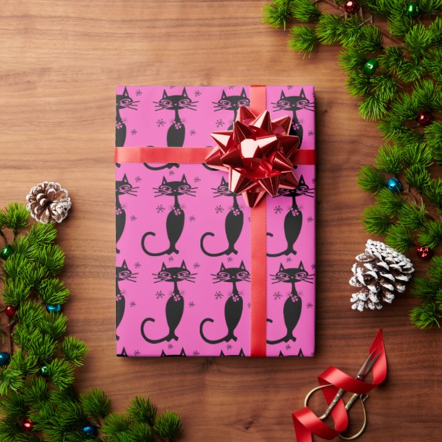 PINK RETRO BLACK CAT CHRISTMAS WRAPPING PAPER (Holiday Gift)