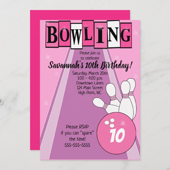 Pink Retro Bowling Any Age Birthday Invite (Front/Back)