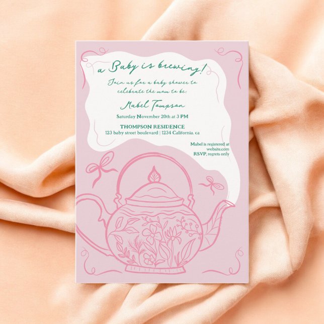 Pink retro bows teapot baby is brewing shower invitation (Pink retro bows teapot baby is brewing shower invitation)