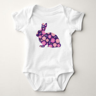 Pink Retro bunny rabbit and flowers Baby Bodysuit