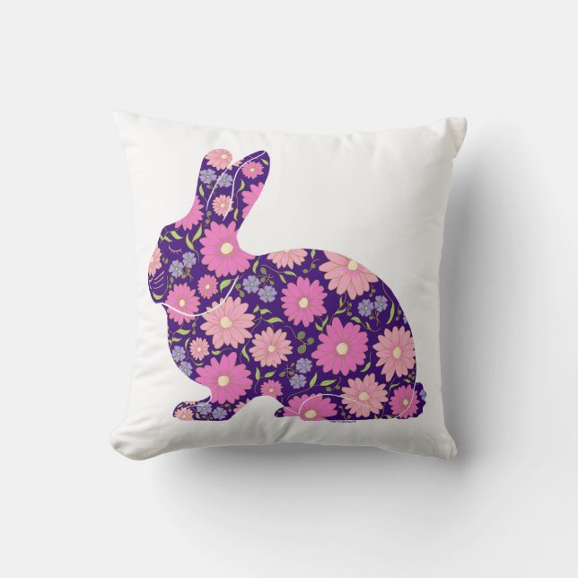 Pink Retro bunny rabbit and flowers Cushion (Front)