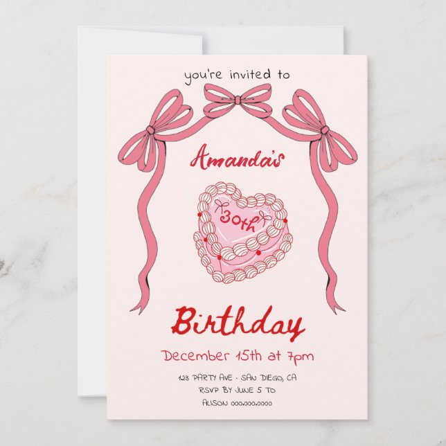 Pink Retro Cake and Bow Coquette Birthday Invitation (Front)