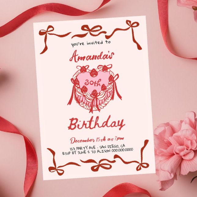 Pink Retro Cake and red Bow Coquette Birthday Invitation (Creator Uploaded)