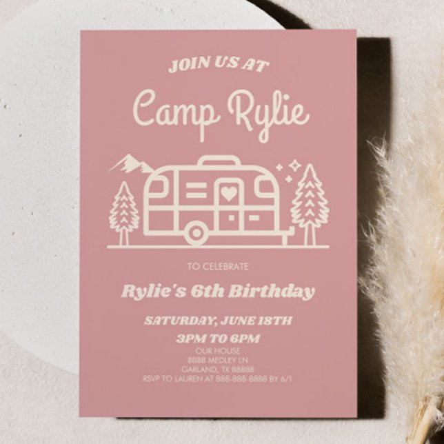 Pink Retro Camper Camp Out Camping Birthday Party Invitation (Creator Uploaded)