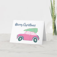 Pink Retro Car and Tree Whimsical Christmas Art