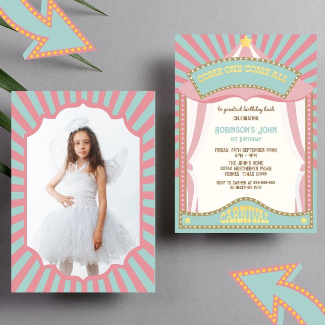 Pink Retro Carnival birthday Photo invitations (Creator Uploaded)