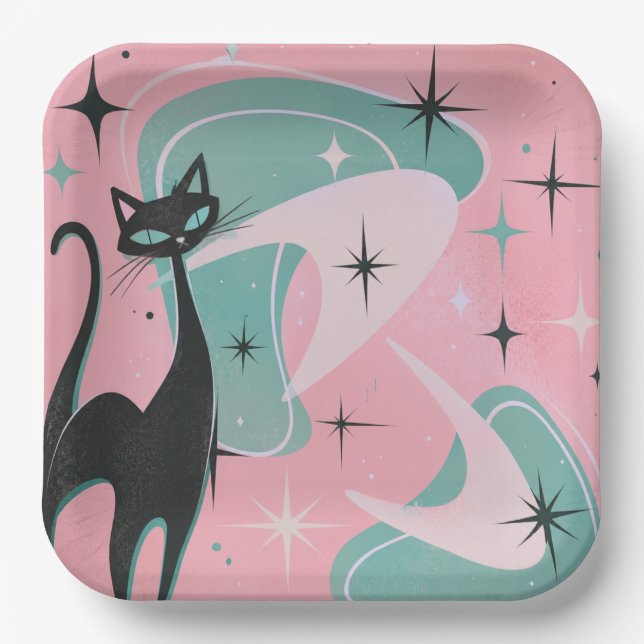 Pink Retro Cat Paper Plates (Front)