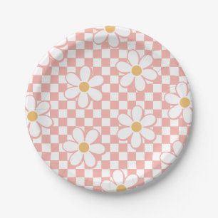 Pink Retro Chequered Daisy birthday Paper Plates