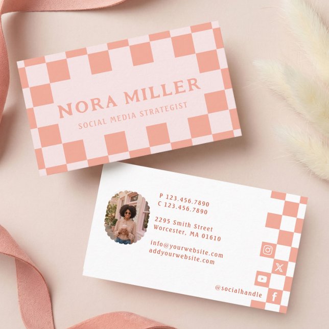 Pink Retro Chequered Pattern Content Creator Photo Business Card (Pink Retro Checkered Pattern Content Creator Photo Business Card)