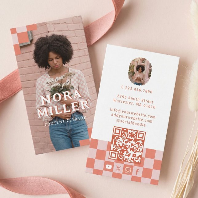 Pink Retro Chequered Pattern Content Creator Photo Business Card (Pink Retro Checkered Pattern Content Creator Photo Business Card)