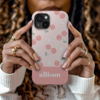 Pink Retro Cherries Custom Name Monogram