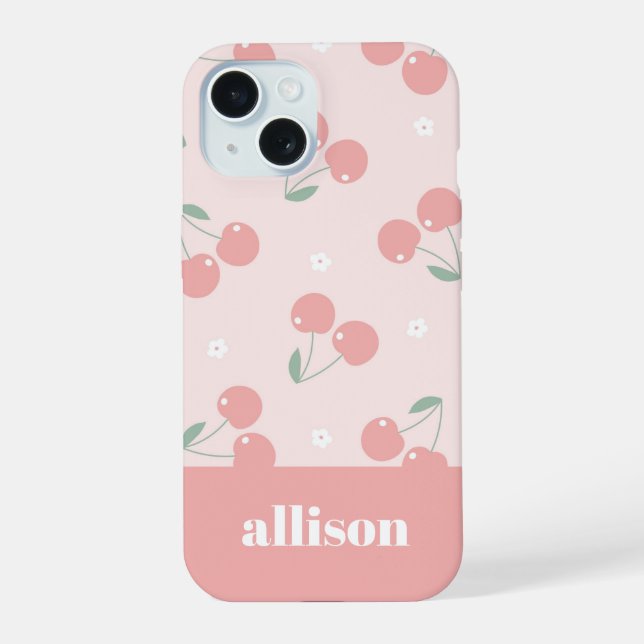 Pink Retro Cherries Custom Name Monogram iPhone 15 Case (Back)